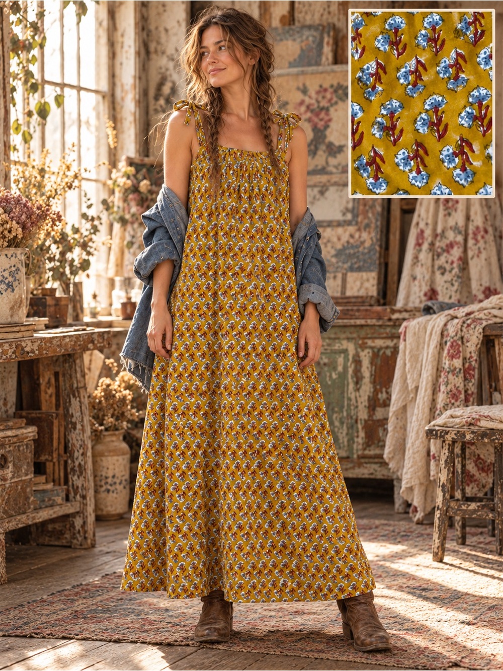 ExVoto Vintage Iris Floral Cotton Maxi Sundress Mustard Yellow XS/S Boho Prairie